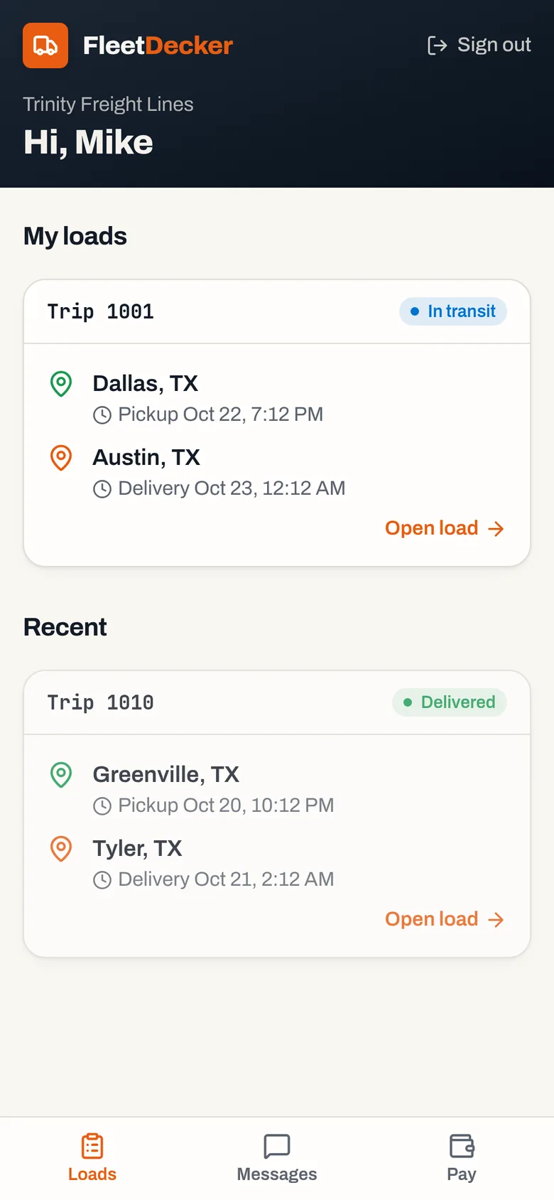 FleetDecker driver app on a phone showing today's load